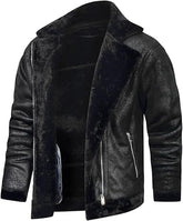 Men's Retro Outfit Bomber Rugged Black Real Sheepskin Leather Jacket